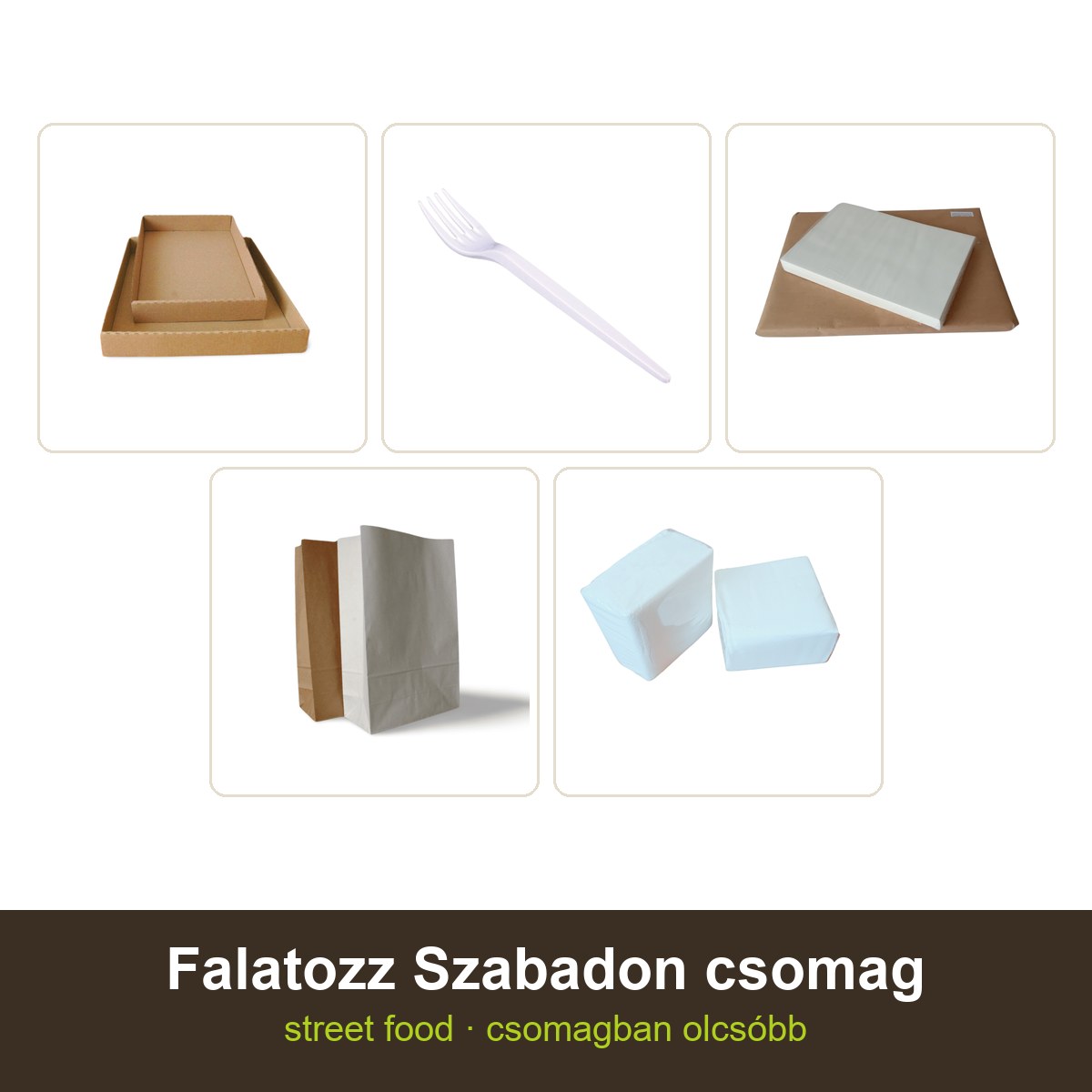 Falatozz Szabadon csomag – 100 street food tálca (260×160 mm), 100 villa, 420 lap zsírpapír (20×30 cm), 300 barna, fül nélküli papírzacskó (22×28+10 cm), 1 csomag szalvéta (600 lap)