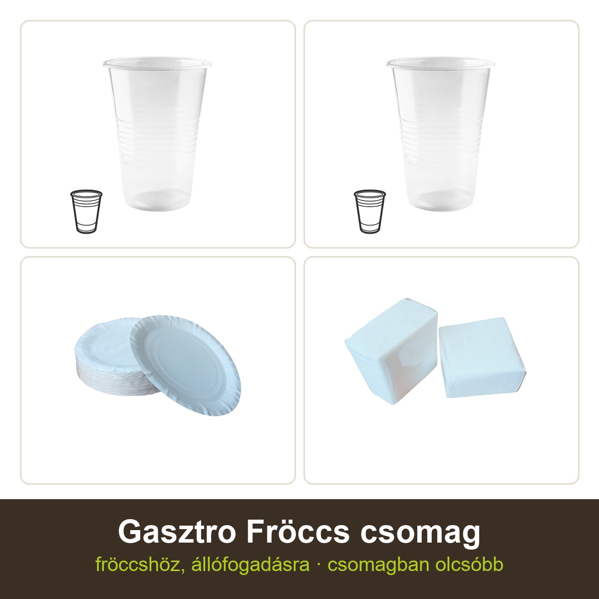 Gasztro Fröccs csomag – 100 pohár (3 dl), 100 pohár (2 dl), 100 papírtányér (25 cm), 1 csomag szalvéta (600 lap)