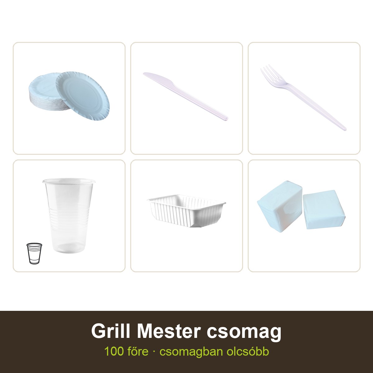 Grill Mester csomag – 100 nagy papírtányér (29 cm), 100 kés, 100 villa, 100 pohár (3 dl), 100 elviteles doboz (750 ml), 100 tető az elviteles dobozhoz, 1 csomag szalvéta (600 lap)