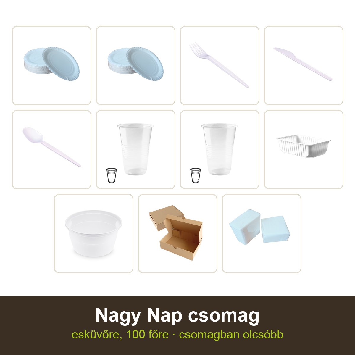 Nagy Nap csomag – 100 nagy papírtányér (29 cm), 100 süteményes tányér (25 cm), 100 villa, 100 kés, 100 kanál, 100 pohár (3 dl), 100 pohár (1 dl), 100 elviteles doboz (750 ml), 100 tető az elviteles dobozhoz, 100 gulyástál (0,75 l), 100 fehér burító doboz a süteménynek (22×15×6 cm), 1 csomag szalvéta (600 lap)