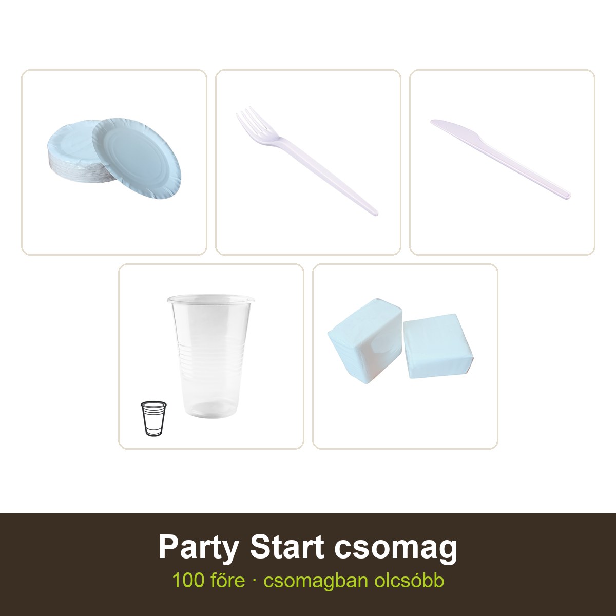 Party Start csomag – 100 papírtányér (25 cm), 100 villa, 100 kés, 100 pohár (3 dl), 1 csomag szalvéta (600 lap)
